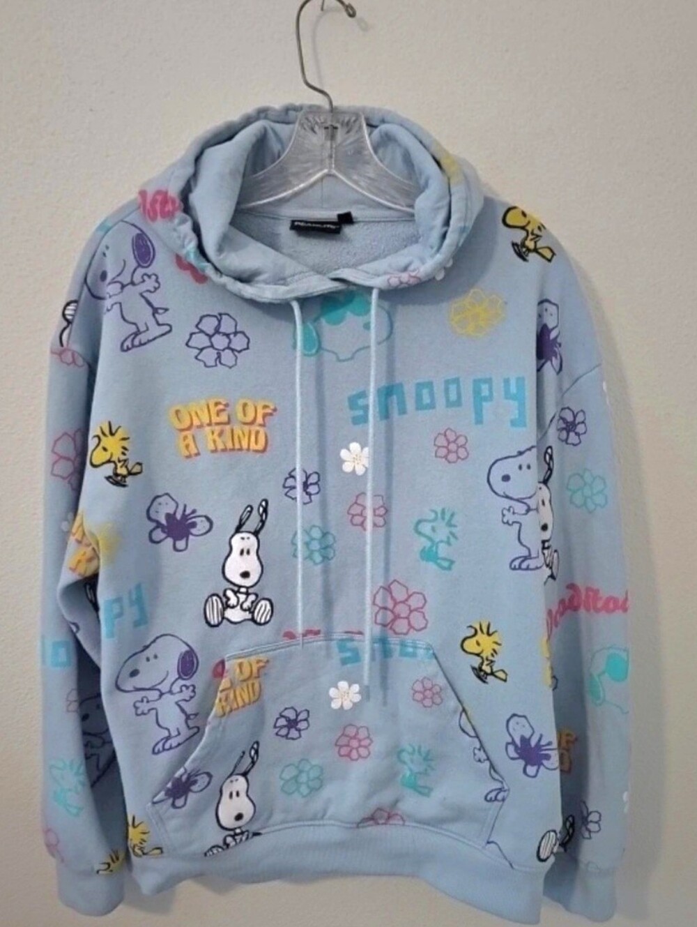 Snoopy Woodstock Allover Print Light Blue Pullover Hoodie Size S
